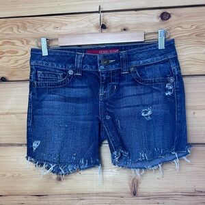 Guess Women's 27 Distressed Denim Shorts Dark Blue 2010’s Y2K Western Jeans Retr